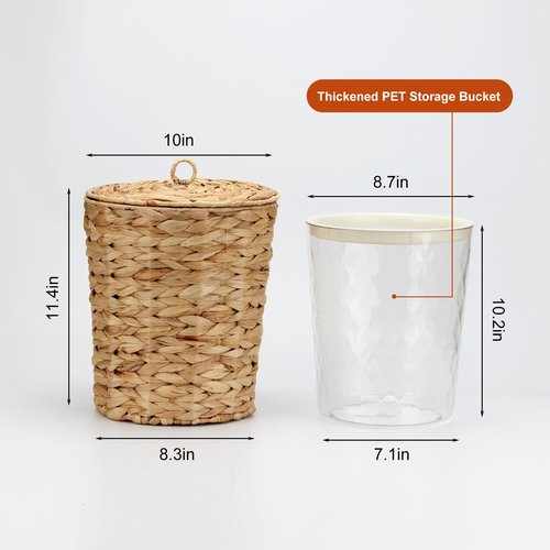 KCGANI Wicker Waste Basket with Lid and Liner, Handwoven Water Hyacinth Wicker Trash Can, Large Waste Paper Bucket Paper Scrap Bucket WasteBaskets for Bathroom, Bedroom, Kitchen, Office Garbage Can