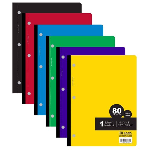 BAZIC Products Notebook College Ruled 1 Subject 80 Sheets Wireless Notebooks, Lined Composition Book, Assorted Color, 24-Pack