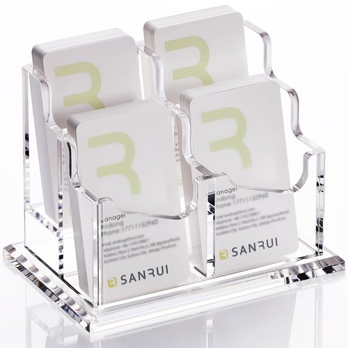 SANRUI Clear Acrylic Business Card Holder 2Tier Vertical Cards Display with 4 Slots Organizes Up to 200 Cards Professional Card Organizer for Men & Women Perfect for Office, Home & Exhibition