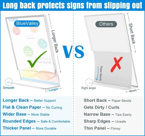 BlueValley Acrylic Sign Holder - 8.5 x 11 Vertical Clear Display Stand | Free-Standing Frame for Flyers, Menus, and Documents - 6-Pack