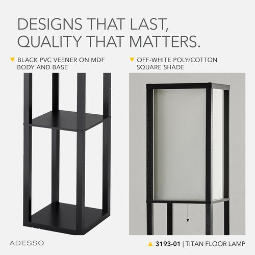 Adesso Square Floor Lamp with 3-Tier Open Shelves, Black Base, Fabric Shade, 72” T x 10.5” W, Extended Length Cord, Enhances Room Decor and Home Lighting