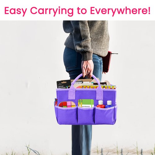 Godery Desktop Tote and Organizer, Teacher Helper Bag for Arts, Books, Stationery, Office Desk Organization, Make-up Storage with Handles for Travel (PURPLE)