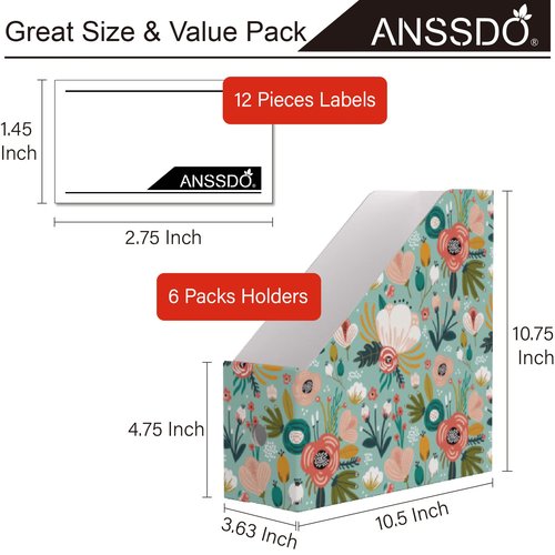 ANSSDO 6 Pack Cardboard Magazine Holder - Premium Magazine File Organizer, Large Volume Storage Box as Book Bins or Folder Holder for Desk - Teal Floral