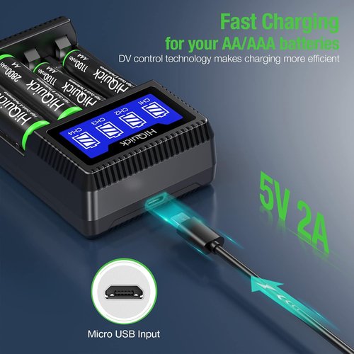 HiQuick 4 Bay AA/AAA Battery Charger - Fast USB Charging with Smart LCD Display for NiMH/NiCD Batteries