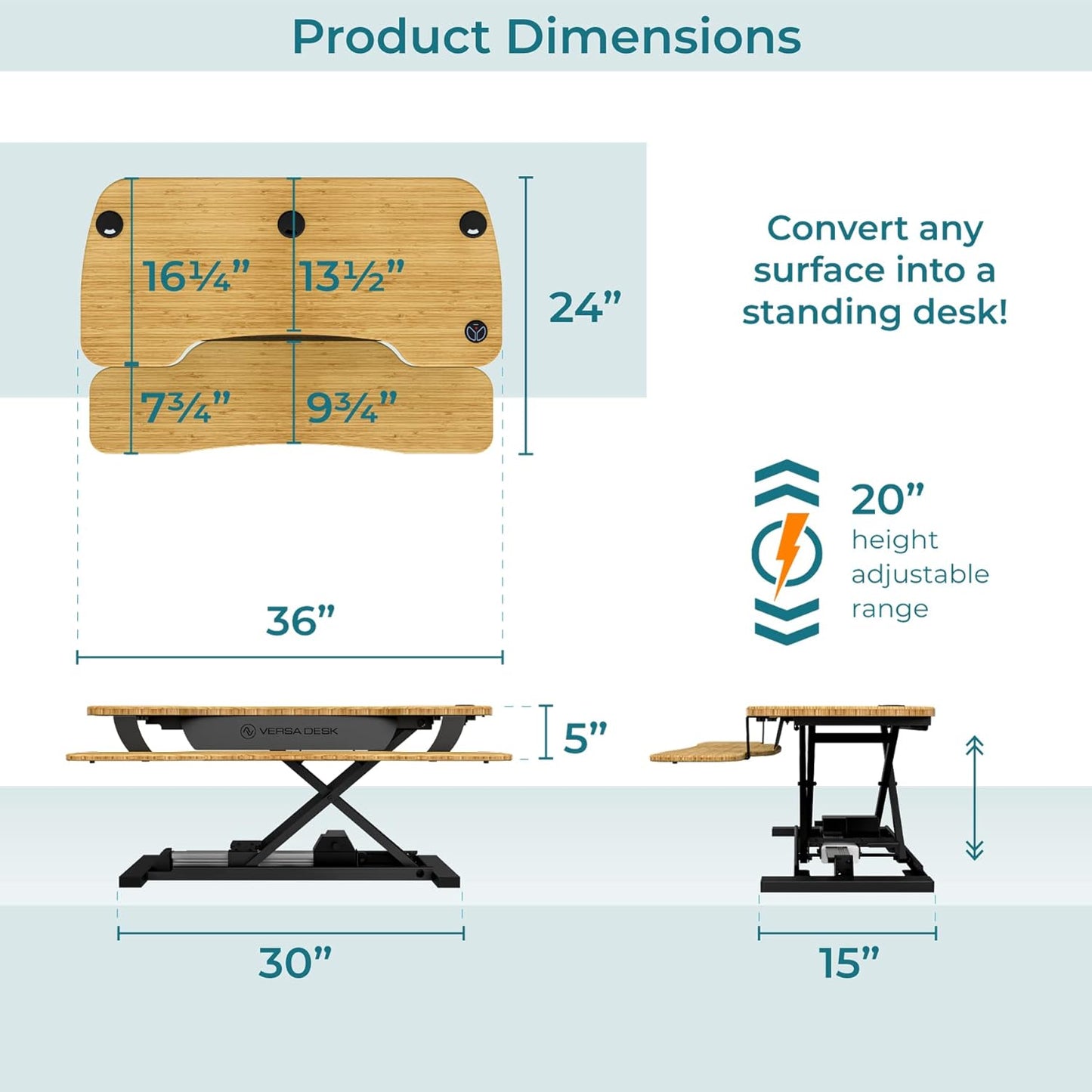 VERSADESK® PowerPro™ Standing Desk Converter - 36" x 24" Electric Height Adjustable Riser with Keyboard Tray & USB Hub - Ergonomic Bamboo Workstation for Home & Office