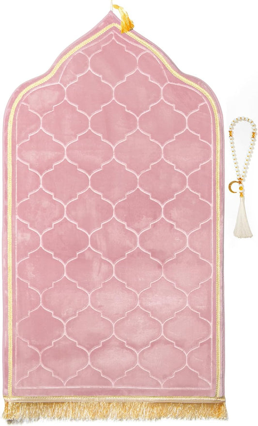 Skiennix Muslim Prayer Rug - Soft Memory Foam Mat with Tasbih Beads | Padded Islamic Janamaz (25.6" x 43.3", Pink)