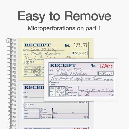 Adams Receipt Book for Money and Rent - 2-Part Carbonless - 5-1/4" X 11" - Spiral Bound Receipt Book with Carbon Copies -300 Sets Per Book - 4 Receipts Per Page (Pack of 6)