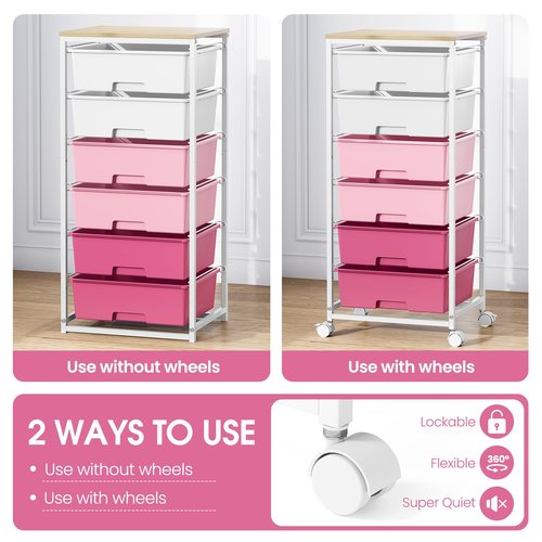 Rolling Storage Cart with Drawers,Utility Cart with 6 Large Drawers and Wooden Tabletop,Craft Storage Cart with Lockable Wheels for Bedroom, Office, Classroom, Kids'Room, Living Room (Pink)