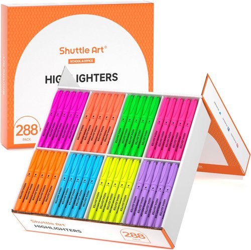 Shuttle Art 288-Pack Highlighters | Assorted Colors Set with 8 Bright Chisel Tips for Home, School, Office