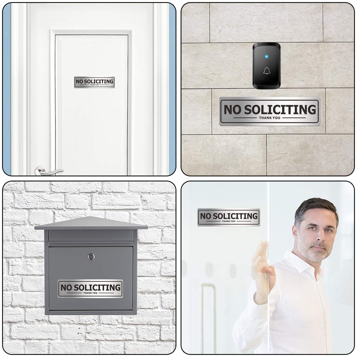 No Soliciting Sign - Door Signs for House Business and Office Wall - Aluminum Metal with Strong Self Adhesive (2 Pack, Silver 7×2 inches)