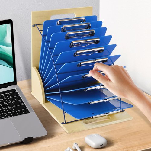 HUZU Desktop Clipboard Organizer Rack, Wooden and Metal Clipboard Holder, Clipboard Storage Stand for Classroom, Office, and Clinic, Assembly Required