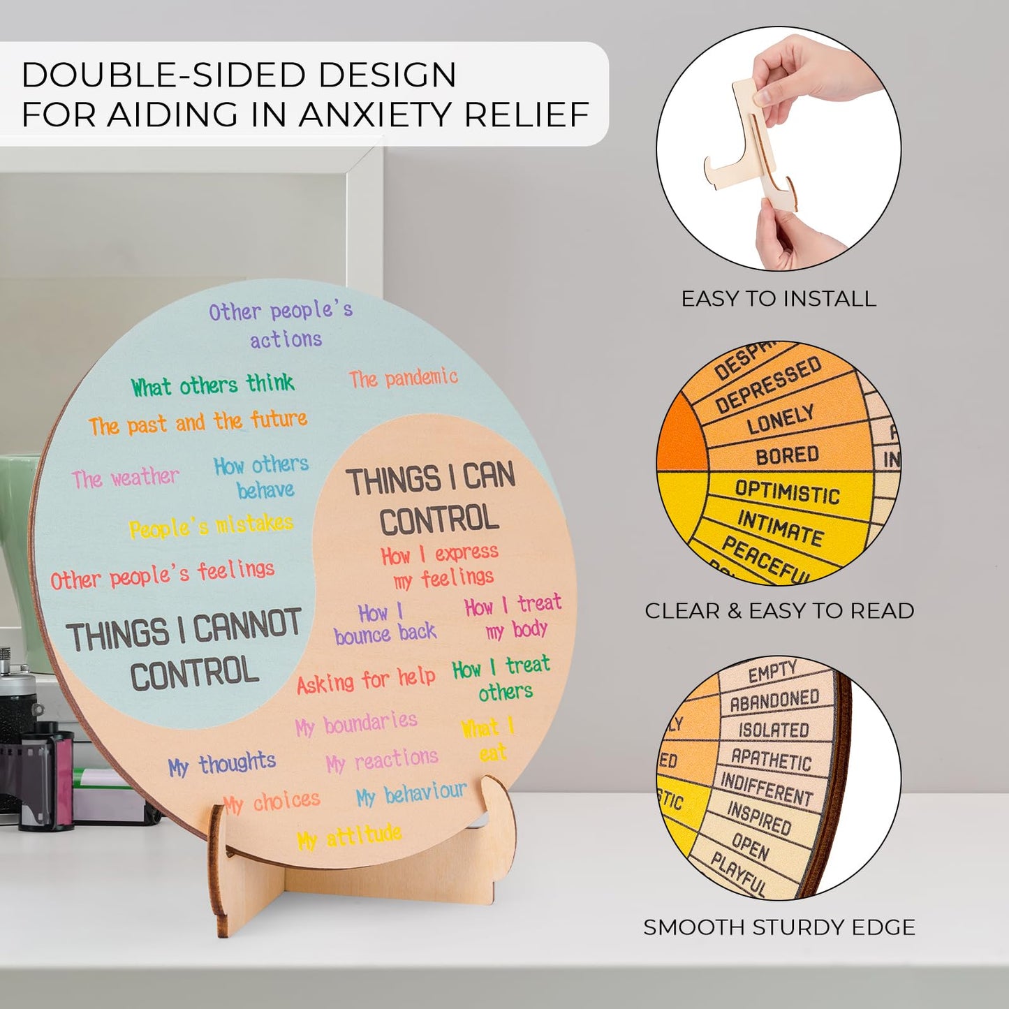Feelings Wheel Therapy Office Desk Decor - 10.6" Large Double Sided Mental Health Emotions Chart with Stand, Therapist Gifts for Home Office Women Man