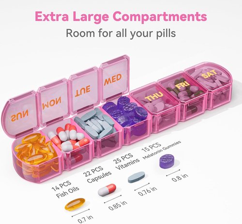 SHIJOINYU Large Weekly Pill Organizer - 7 Day Easy-Open Medicine Box for Vitamins & Supplements - Pink