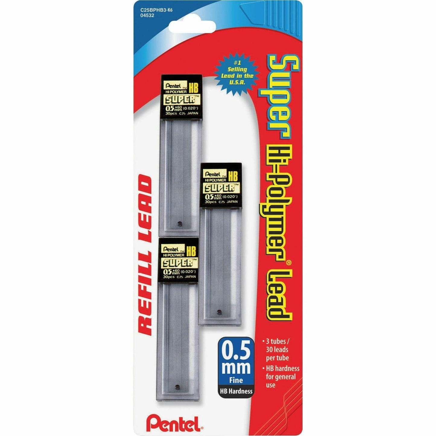 Pentel Super Hi-Polymer Lead Refills, (0.5 mm), Fine, HB, Pack of 3, 90 Pieces (C25BPHB3-K6)
