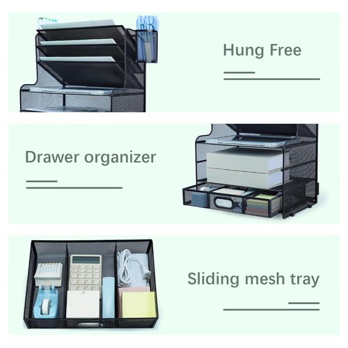 IOUGDSEC 7 Tier Desk File Organizer, Paper Tray Desk Organiser, Letter Tray Paper Organizer with Pen Holder and Metal Hanging Basket, Black
