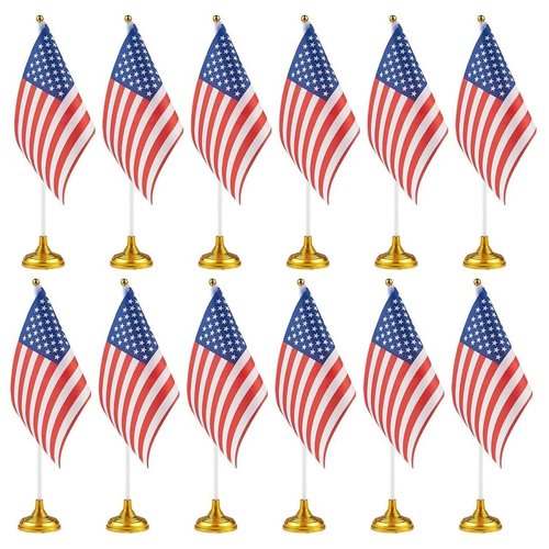 12-Pack Mini American Flags with Stand Base for Desk, Veterans - Small Miniature USA Desktop Centerpiece for Patriotic Home Office Table Party Decorations