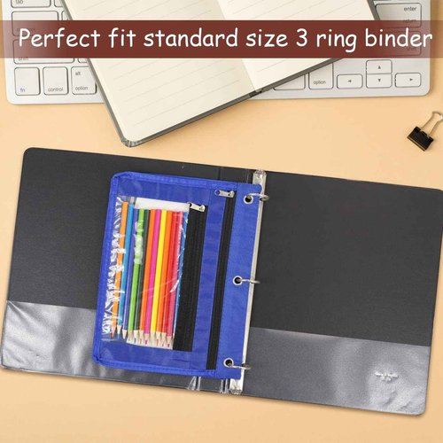 YoeeJob 24 Pack Pencil Pouch for 3 Ring Binder, Expandable Binder Pouches with Zipper, Large Capacity Pen Holder Case with Clear Window School Class Office Organizers, Blue