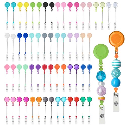 60 Pcs Beadable DIY Badge Holder Set Heavy Duty Retractable Keychain Badge Reel Clips ID Name Badge Clip with Belt Clip Blank Jewelry DIY Gift for Office Worker Doctor Nurse Employee Supplies