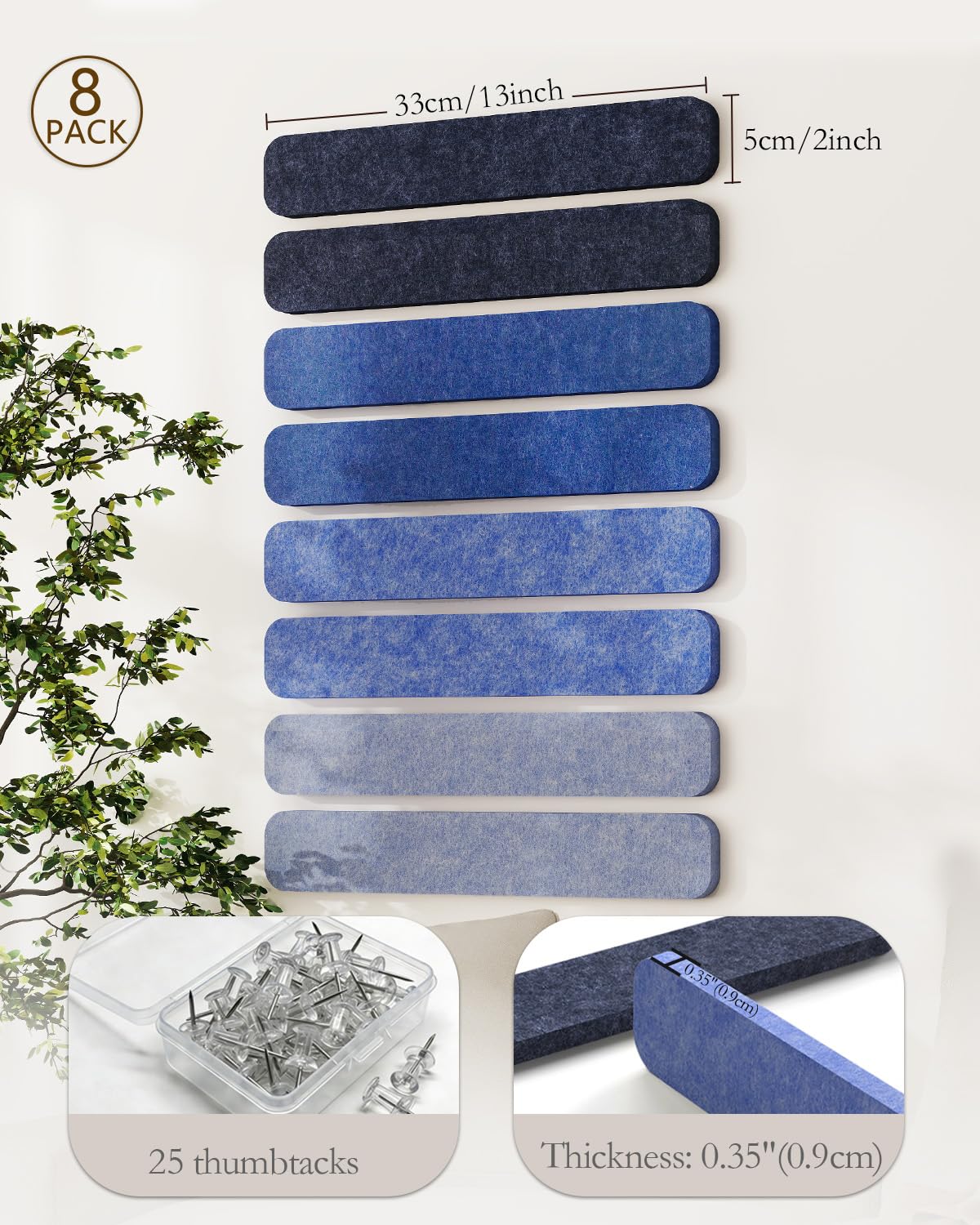 JBER Felt Strip Board 8 Pack 13"x2", Cork Board Alternative Pin Bulletin Board, Self-Adhesive Vision Board with 25 Push Pins for Walls, Office & Home Decor(Denim Haze)