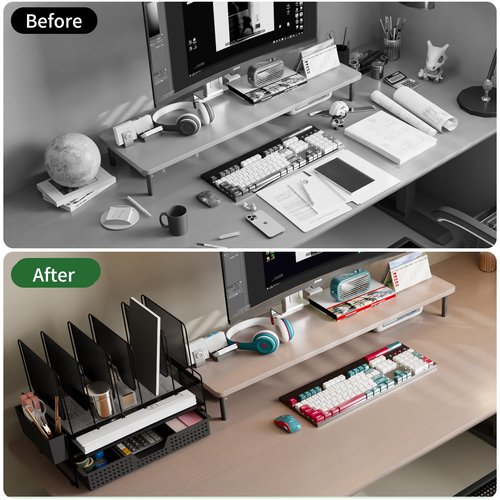 LEKETREE Desk Organizer, Office Organization with Vertical File Holder, File Organizer with Drawer and Pen Holder, Desk Accessories and Workspace Organizers for Home Office (Black)