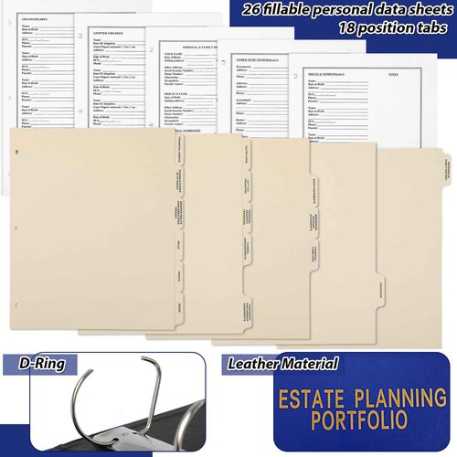 Motiskyy 2 Pcs 1.5" Estate Planning Portfolio with 18 Position Tabs and 26 Fillable Personal Data Sheets PU Leather 3 Ring Planner Binder Red Blue 11.5 x 11.6 x 2.52 Estate Planning Organizer