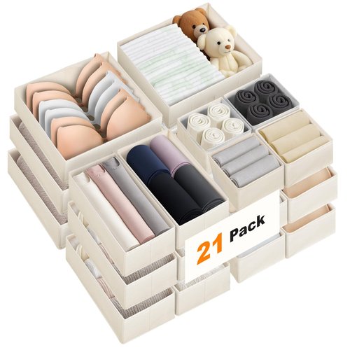 FANS-ONE Drawer Organizer Clothes, 21 Pack Dresser Organizer for Baby Clothes, Underwear, Socks, 3 Sizes Foldable Closet Organization and Storage Bins for Nursery, Bedroom (Beige)
