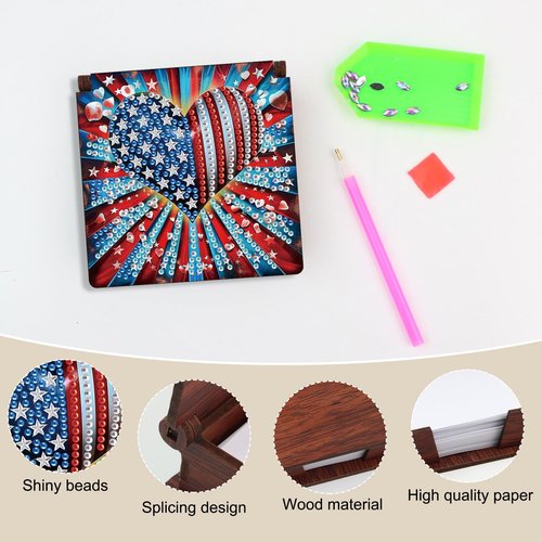 BAYUNOE Memo Paper Storage Box Diamond Art Painting Wooden 4.3x4.3 in Sticky Note Holder for Desk Organizer Notepad Holder with 160 Sticky Notes Office Supplies Accessories-Heart of USA