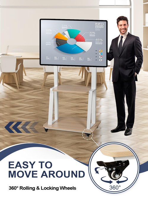 Mobile TV Stand Rolling TV cart for 32-75 Inch Rolling TV Stand with Wheels Flat/Curved LED/LCD/OLED Height Adjustable Heavy-Duty Portable Floor Mount with Wood Shelf Holds up to 100lbs White