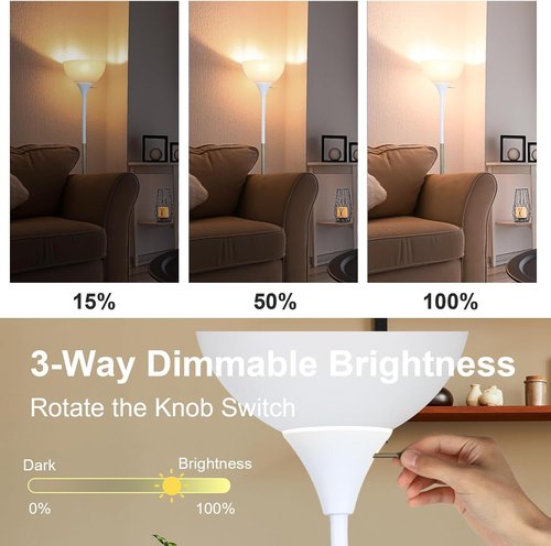 LALISU LED Floor Lamp - 3-Way Dimmable Brightness | Modern Industrial Design for Living Room, Bedroom, Office (White)