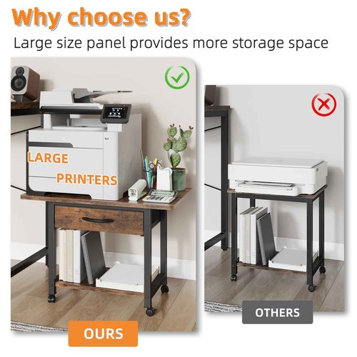 YAOHUOO Large Printer Stand with Storage Drawer, 2-Tier Under Desk Table for Home Office, Fits Fax Machine/3D Printer/Scanner (Brown)
