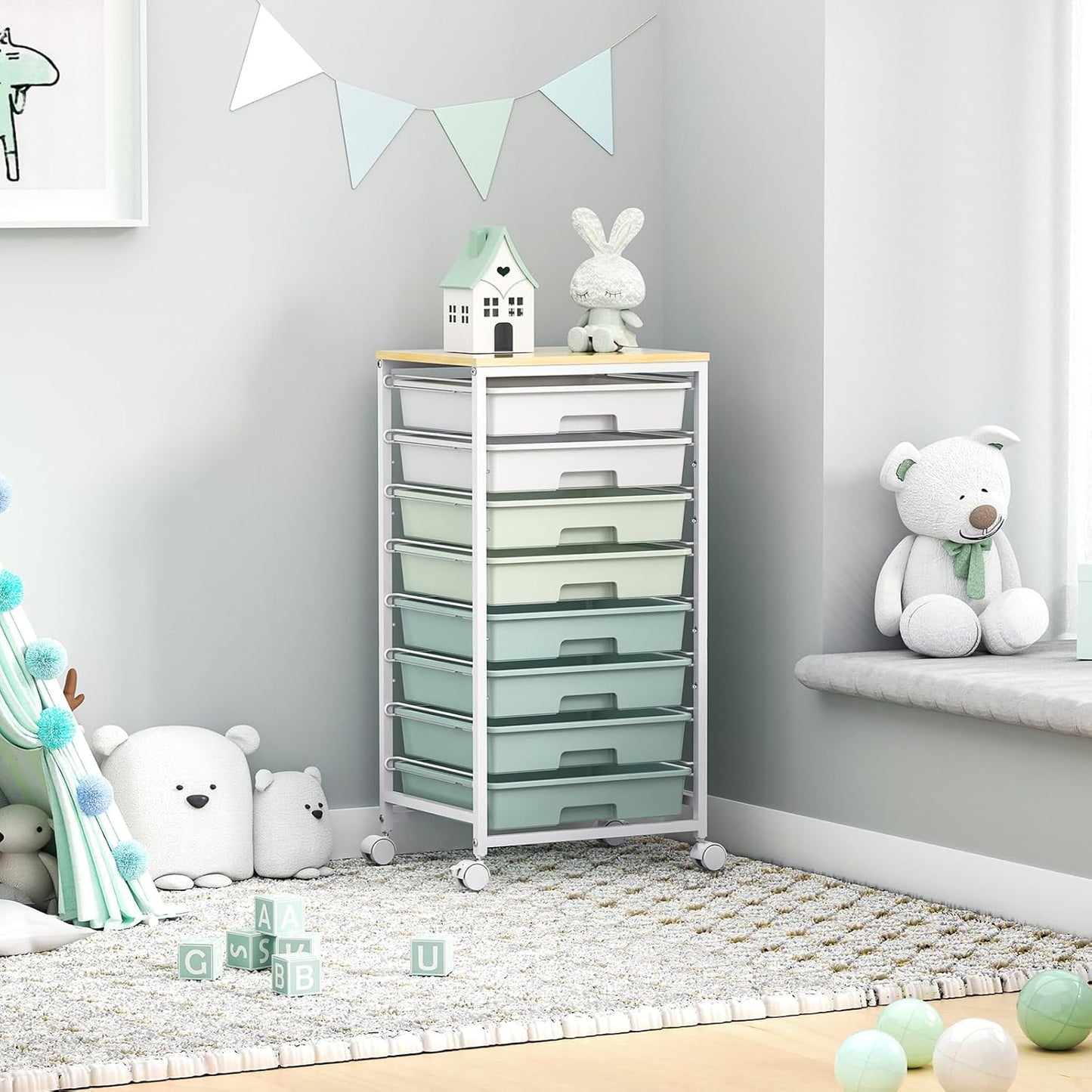 Skiennix Rolling Storage Utility Cart - 8 Drawer Organizer with Wooden Tabletop | Green for Home & Office