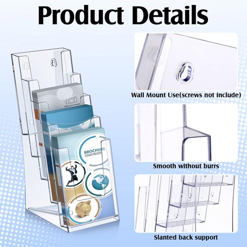 Dunzoom 2 Pcs 5 Tier Acrylic Brochure Holder, 4 Inch Clear Brochure Display Stand Multi Pocket Pamphlet Holder Literature Rack Organizer for Removable Divider Wall Mount or Countertop