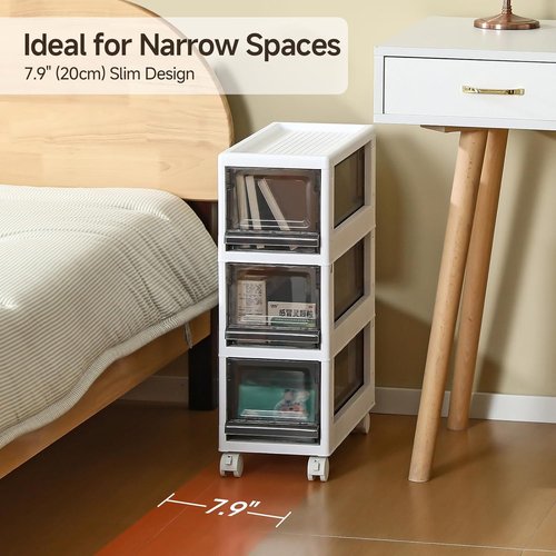 Plastic 3 Drawer Storage Organizer - Narrow Storage Cart with Wheels for Small Spaces | 7.87-Inch Wide (White)
