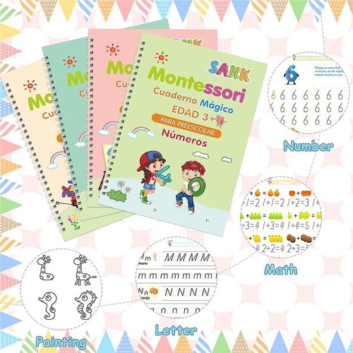 Spanish Magic Books Learning Lettering in Tracing Workbook for Kids Reusable Notebooks for Children Spanish Montessori Writing(4 Books)