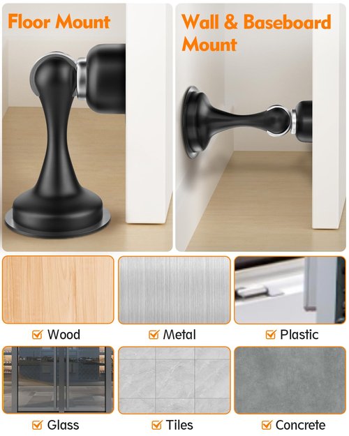 Door Stoppers Magnetic Door Catch - Stainless Steel Heavy Duty Door Holder Stops for Bottom Top of Door - Wall Floor Mounting No Drill 3M Adhesive & Screws Strong Magnet Keep Door Open 4 Pack