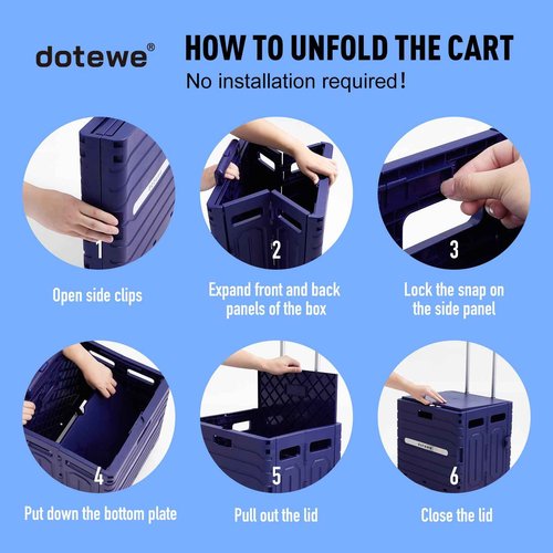 Folding Utility Cart Portable Rolling Crate Handcart Foldable Shopping Trolley Collapsible, with Lid, on Wheels, for Grocery, Garden, Office, Storage, Teacher, Tool (Purple)