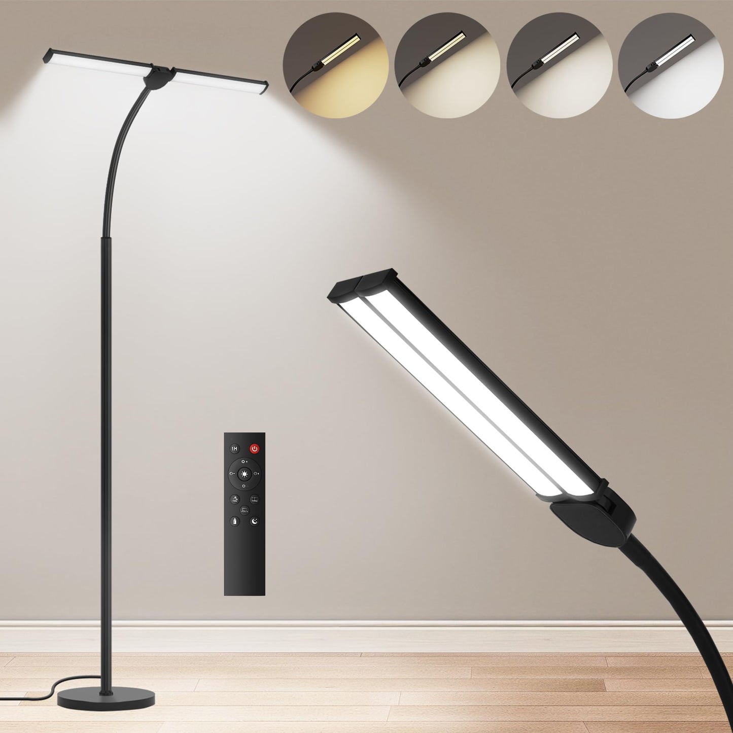 LED Floor Lamp for Living Room, Bright Reading Lamps for Office, Adjustable Colors Temperatures&Brightness, Dual Head Goose-neck Standing Lamp, Remote and Button Control, Eye-Caring Tall Lamp