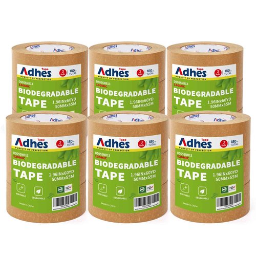 ADHES Kraft Paper Tape, 2 Inch x 60 Yards x 18 Rolls, Biodegradable Paper Packing Tape Writable & Uncoated Brown Shipping Tape for Shipping, Moving, Sealing