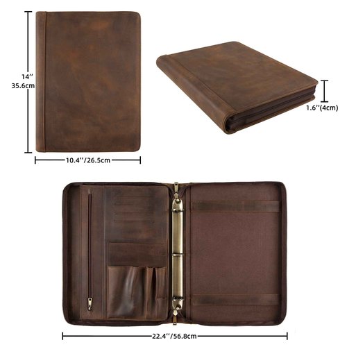 Leather Portfolio Binder, 3 Ring Binder Padfolio Organizer, Personalized Portfolio for Men, iPad Laptop Padfolio with Zipper (Dark Khaki, Non-Custom)