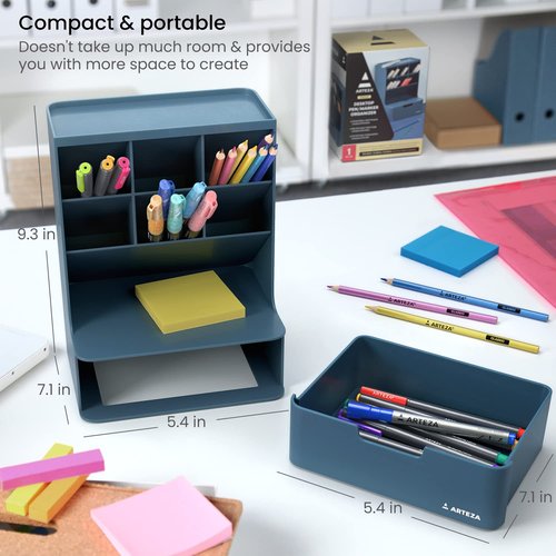 ARTEZA Desktop Pen and Marker Organizer – 6-Compartment Blue Holder with Drawer for Desk, Office, Makeup, and Art Supply Organization