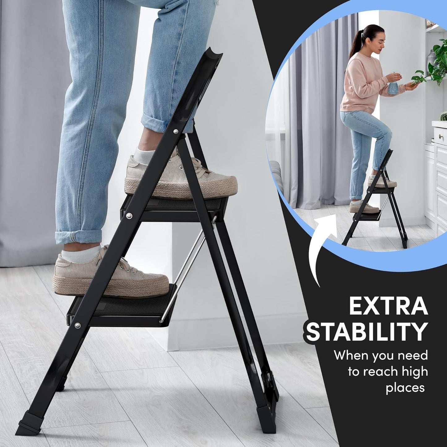 2-Step Ladder with Wide Anti-Slip Platform & Thick Rubber Feet | Heavy Duty Foldable & Portable | 330 lbs Capacity, Steel Frame, Rubber Handgrip, Folding Step Stool
