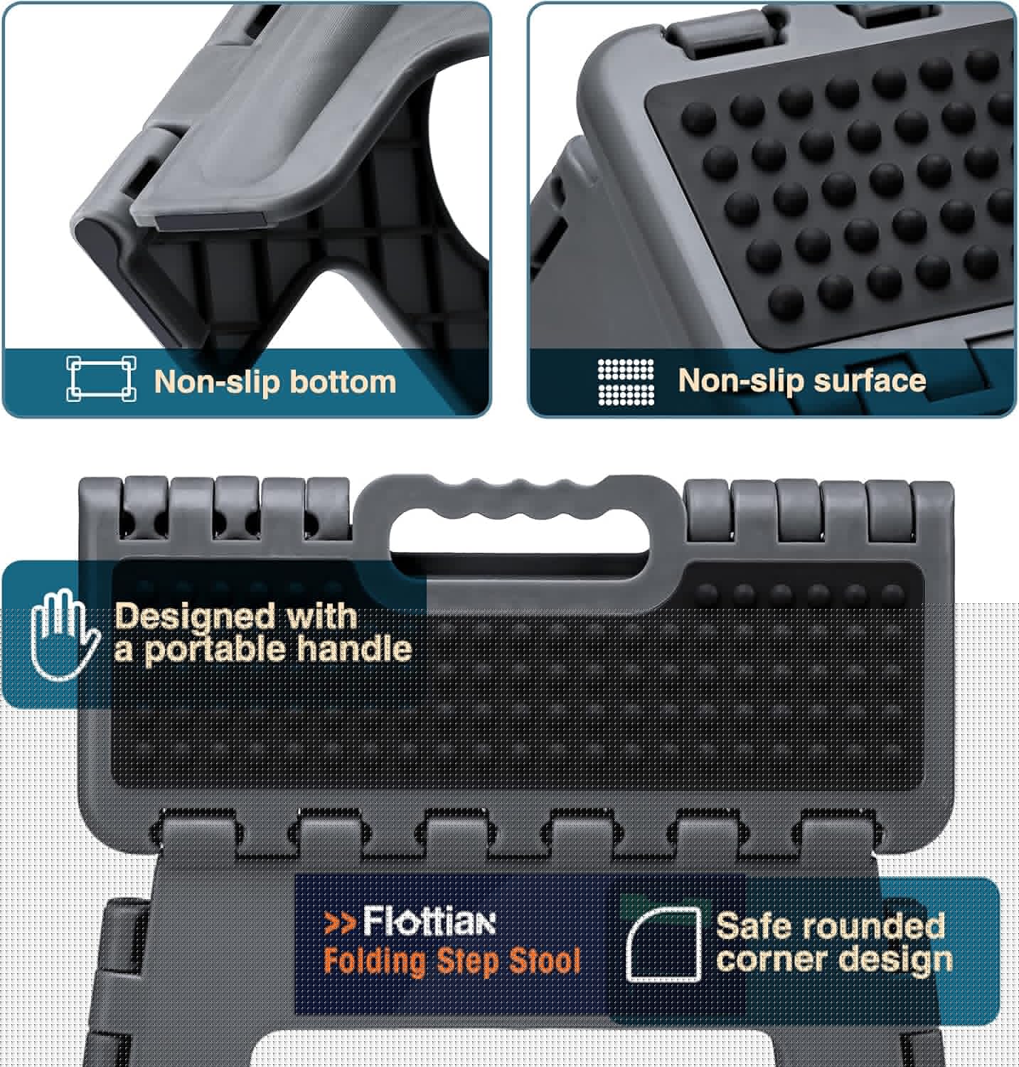 Flottian 13" Folding Step Stool - Non-Slip, Compact Design for Adults & Kids - Holds 300 lbs, Gray