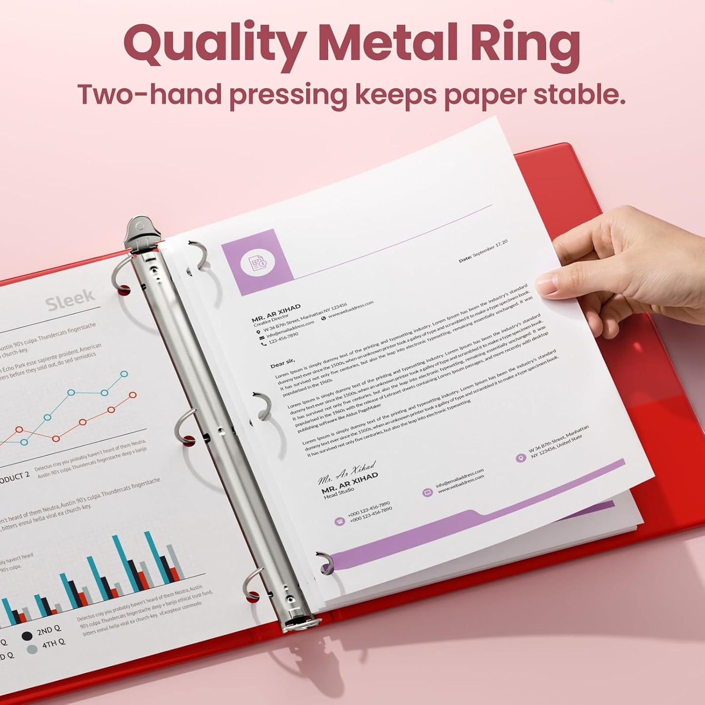 SUNEE 3 Ring Binder - 1.5 Inch Clear View PVC-Free Binder for 8.5x11 Inches - Red, Ideal for School & Office