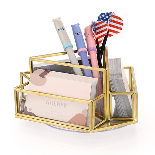 Hipiwe 360° Rotating Business Card Stand Holder Gold Glass Name Card Display Stand Vintage Mirrored Office Desktop Business Card Organizer, 4-Slots