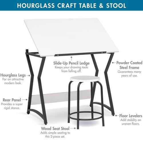 SD STUDIO DESIGNS Hourglass Craft Table Angle Adjustable Drafting Table, Table+Stool