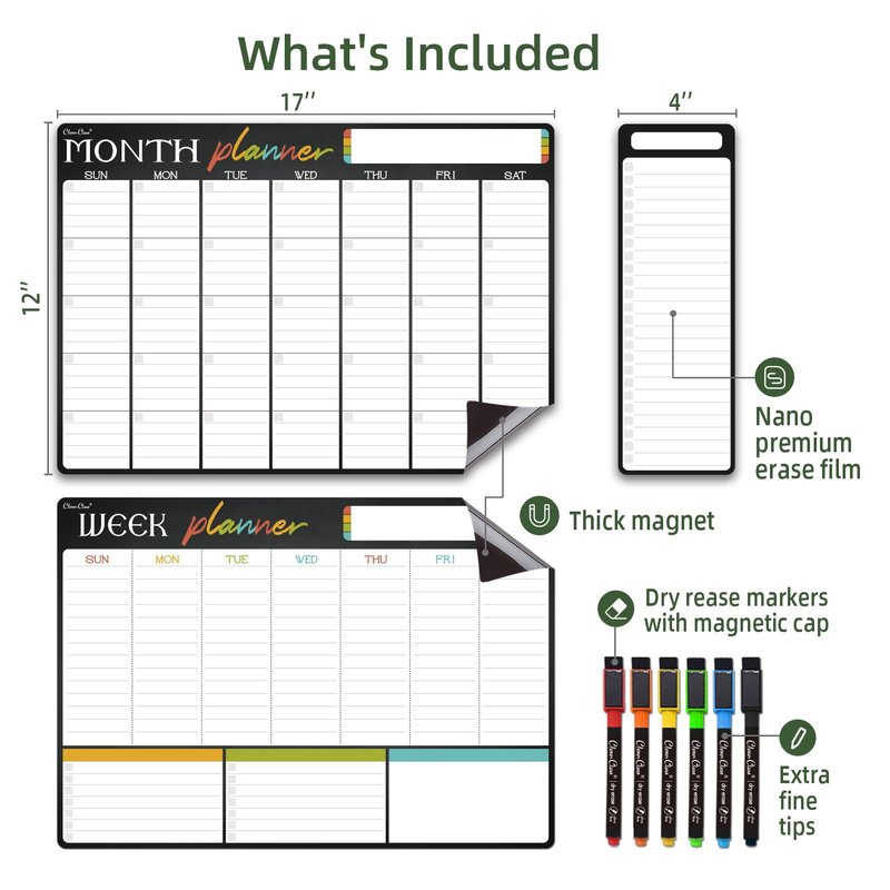 Magnetic Dry Erase Monthly Calendar Set - 17"x12" Monthly and Weekly Calendar, 4"x12" List Board for Fridge - 6 Extra Fine Point Markers Included - Shipped Flat