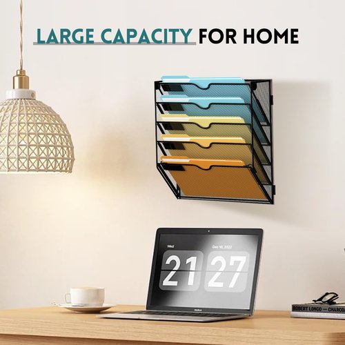 SUPEASY 5-Tier Wall File Organizer Mesh Office Mail Holder, Hanging Wall Organizer Magazine Rack for Office Black
