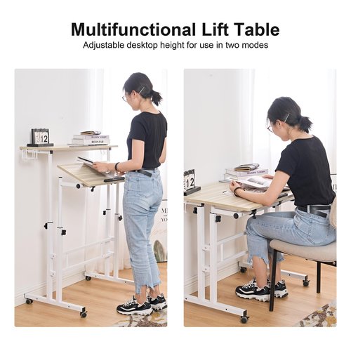 SogesPower 2 Platforms Mobile Laptop Desk Adjustable Side Table Computer Stand for Bed Sofa,Mobile Standing Desk with Cup Holder and Hooks, Maple