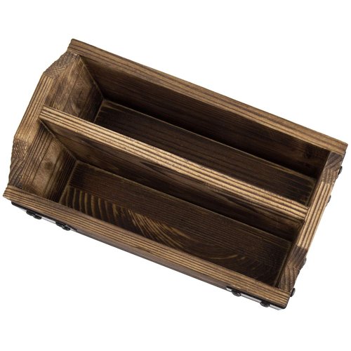 MyGift Rustic Burnt Wood TV Remote Control Organizer Holder Storage Caddy for Table with 2 Compartments and Decorative Black Metal Wrap Accents