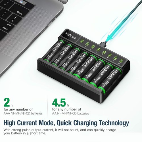 HiQuick 8 Bay Battery Charger - High-Speed Charging for AA/AAA Ni-MH/Ni-CD Rechargeable Batteries | Type-C Cable Included